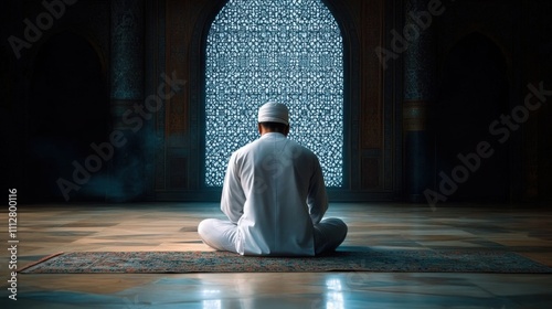 Muslim man praying in a serene and beautifully lit mosque interior photo