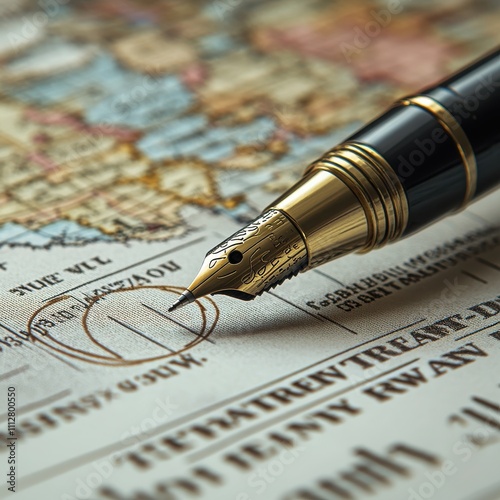 Elegant Fountain Pen Resting on Ancient Map with Global Exploration
