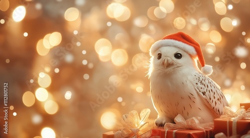 owl in santa hat sitting on a pile of gifts. Background with space for text. Concept of christmas and new year celebration