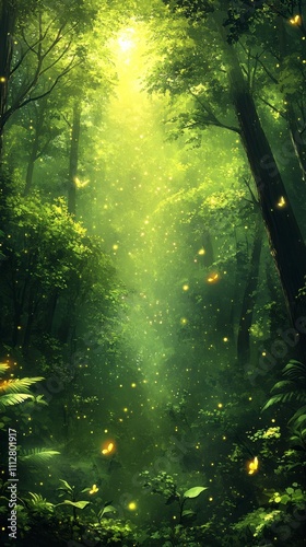 Enchanted Forest Pathway: A Mystical Green Forest Scene with Firefly Glow