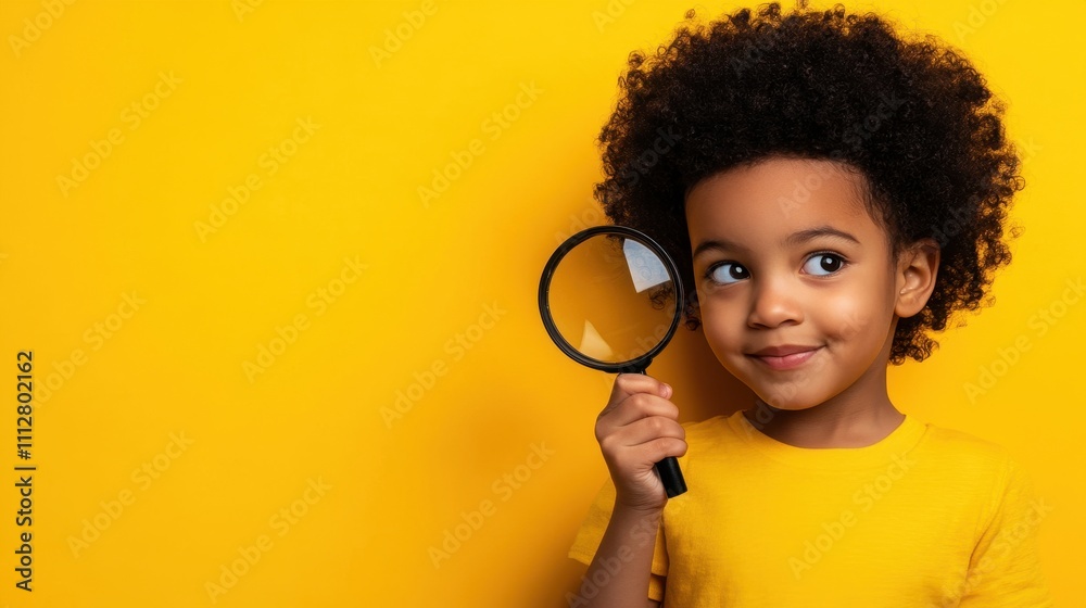 Curious Child Exploring with Magnifying Glass Against Vibrant Yellow Background A Photo of a Young Black Child with an Afro Holding a Magnifying Glass, Wonder and Curiosity in Their Eyes. Curious Child Exploring with Magnifying Glass Against Vibrant Yellow Background A Photo of a Young Black Child with an Afro Holding a Magnifying Glass, Wonder and Curiosity in Their Eyes.