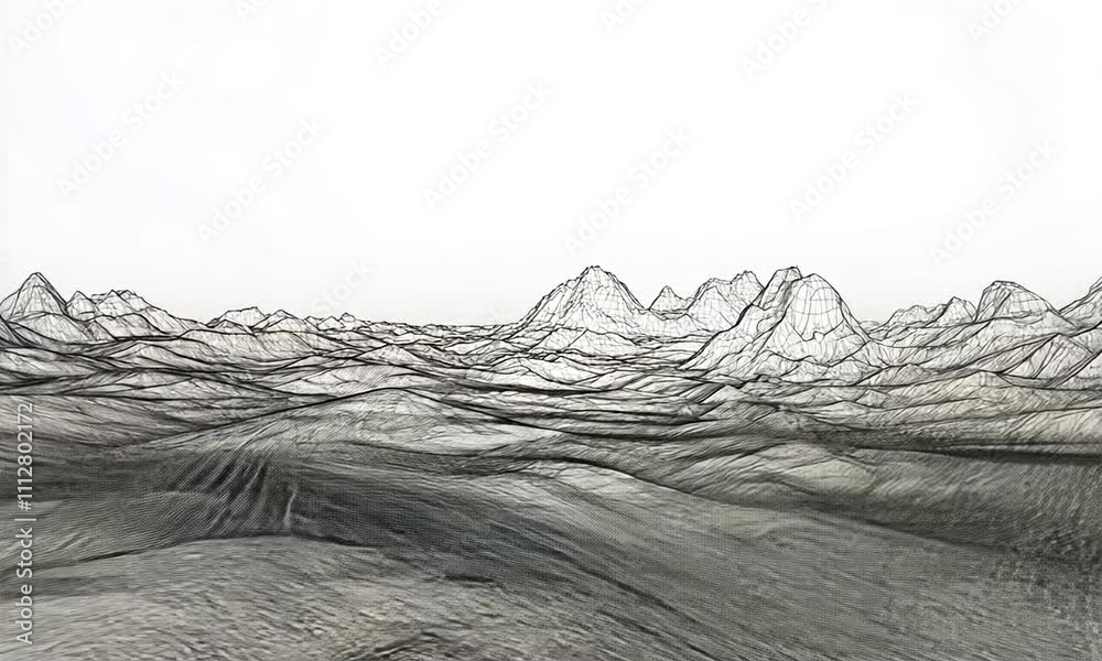 A minimalist wireframe landscape depicting abstract mountains and waves in a serene environment.