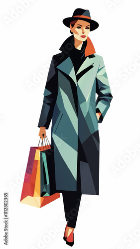 woman with hat shopping bags vector illustration
