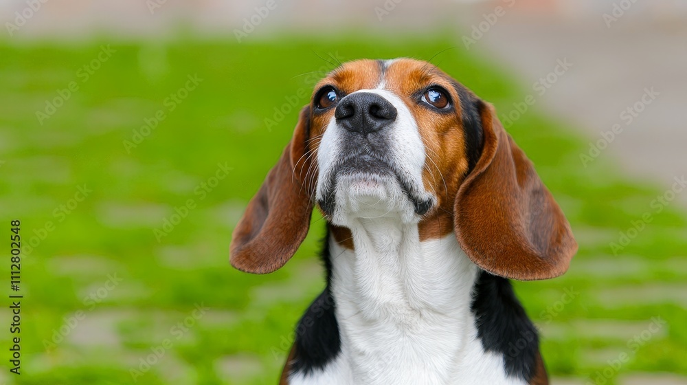 Close-up portrait of a beagle dog looking up, ears perked, against a blurred green background. Close-up portrait of a beagle dog looking up, ears perked, against a blurred green background.