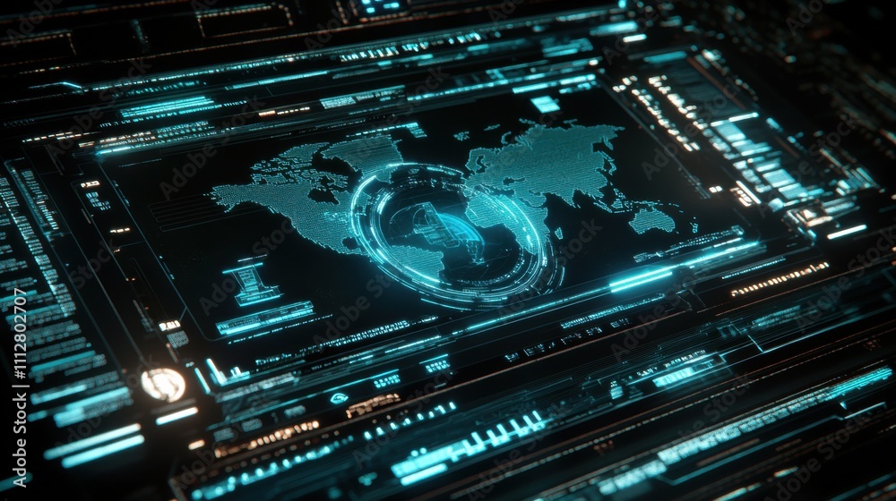 Obraz premium Futuristic Global Network Interface with Digital Map Visualization