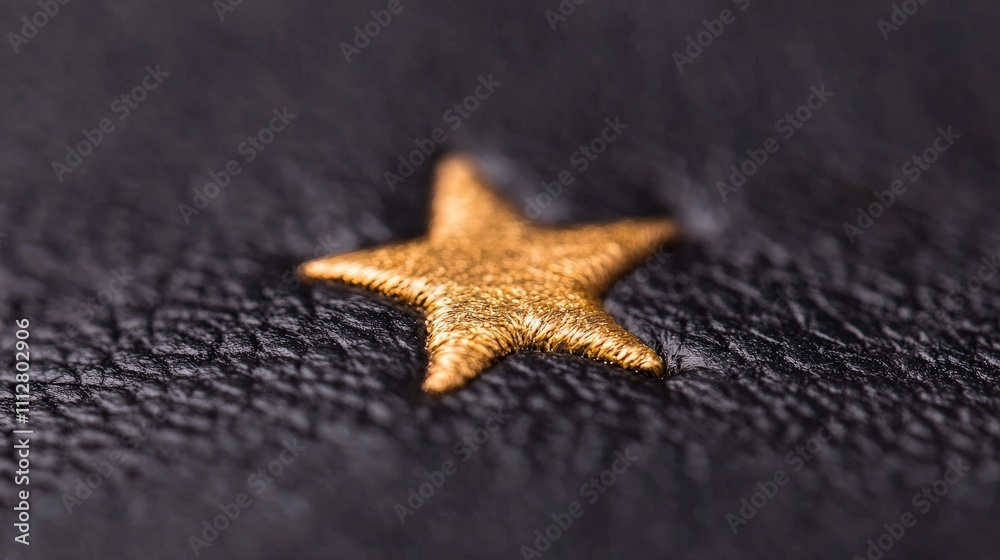 Close-up of golden star embroidered on black leather. Close-up of golden star embroidered on black leather.