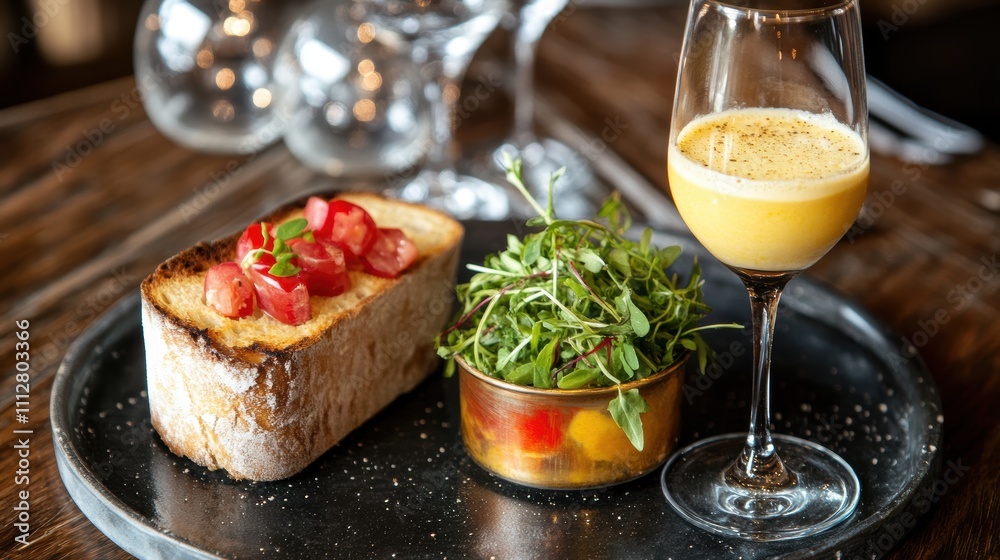 Appetizer platter with toasted bread, fresh tomatoes, and a creamy drink. Appetizer platter with toasted bread, fresh tomatoes, and a creamy drink.