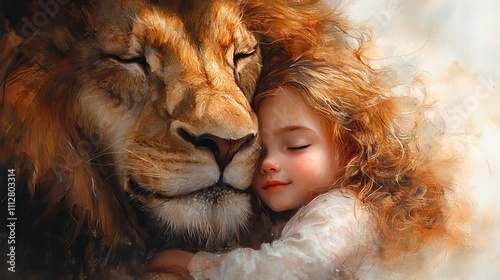 innocence and majesty little kid hugging a big lion symbolising jesus watercolor illustration