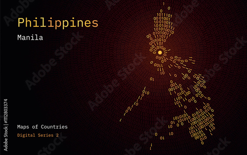 A map of Philippines depicted in zeros and ones in the form of a circle. The capital, Manila, is shown in the center of the circle