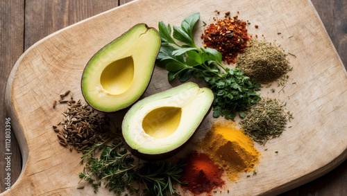 Freshly Halved Avocados with Spices and Herbs on a Wooden Cutting Board Ready to Elevate Any Culinary Experience. photo