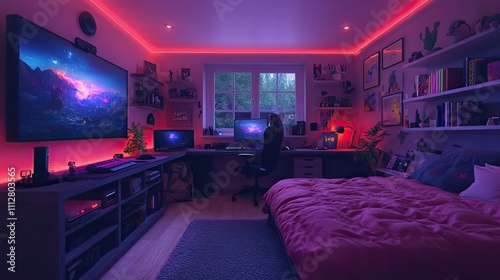 interior of a room set up for nighttime video game streaming a cartoon dark house with a gaming computer and headphones tv mounted on the wall a console with a gamepad and a bright neon joystic photo