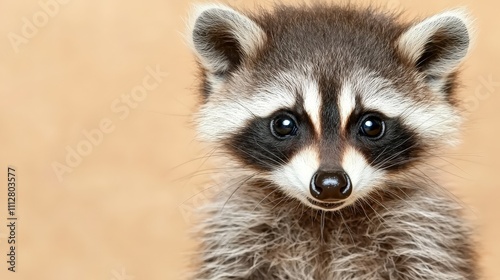 Adorable baby raccoon portrait against beige background.