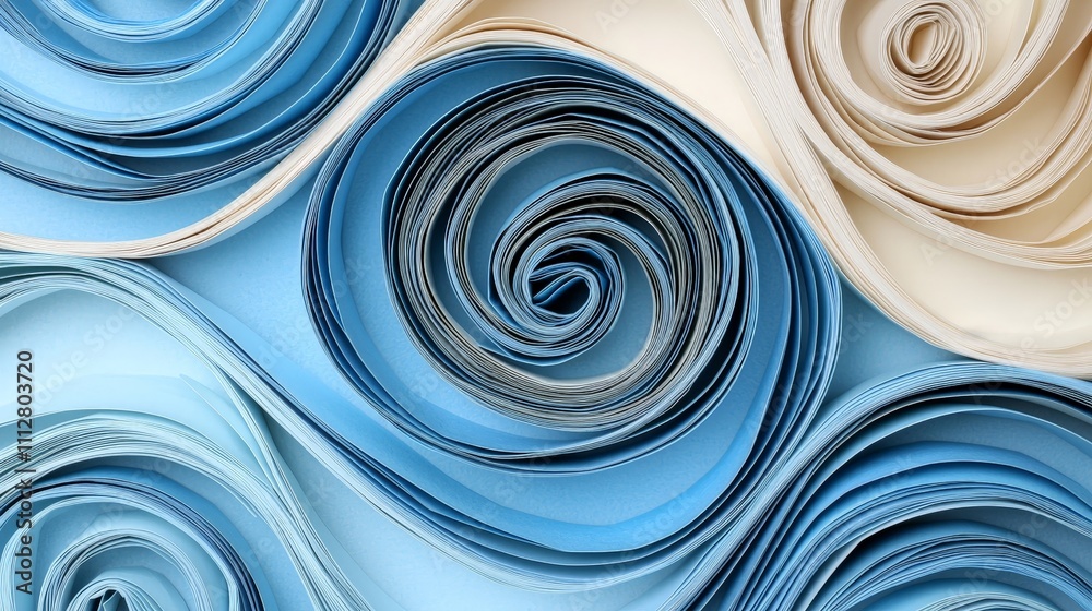 Abstract swirls of blue and cream paper forming a mesmerizing pattern. Abstract swirls of blue and cream paper forming a mesmerizing pattern.