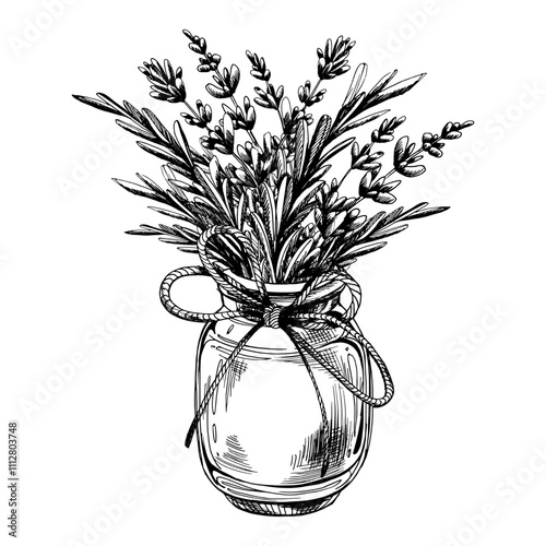 Flowers and leaves lavender bouquet in a glass jar with a bow rope. Graphic illustration line art hand drawn in black and white colors monochrome. Arrangement, composition, sublimation
