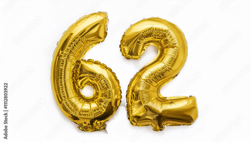 Banner with golden balloon in shape of number 62 against white backdrop. Sixty two years anniversary Banner with golden balloon in shape of number 62 against white backdrop. Sixty two years anniversary