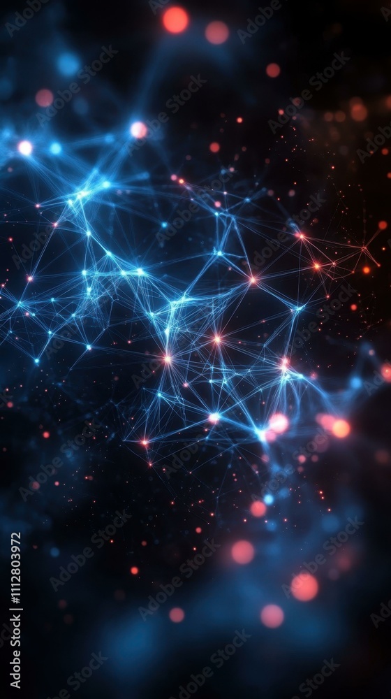 The Interlinked nodes Dynamic network of interconnected lines and nodes in blue and red gradient colors The Interlinked nodes Dynamic network of interconnected lines and nodes in blue and red gradient colors