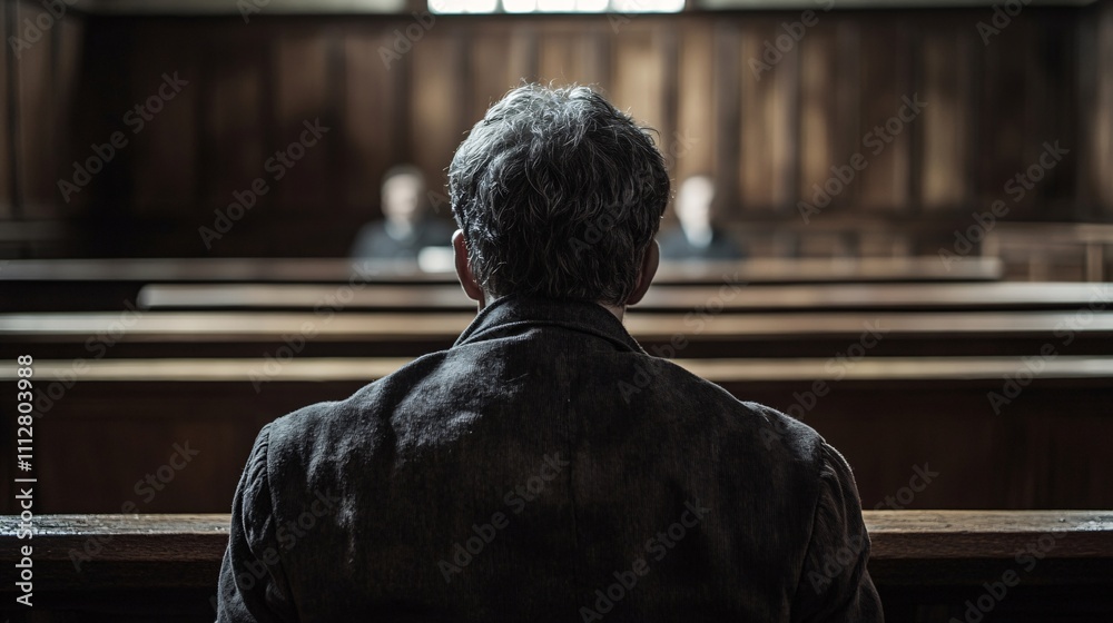 A man sits in a courtroom, facing away from the camera, with two figures visible in the background, highlighting a tense legal atmosphere. A man sits in a courtroom, facing away from the camera, with two figures visible in the background, highlighting a tense legal atmosphere.