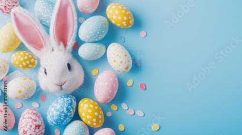 Adorable White Easter Bunny Surrounded by Colorful Easter Eggs and Confetti on a Light Blue Background photo