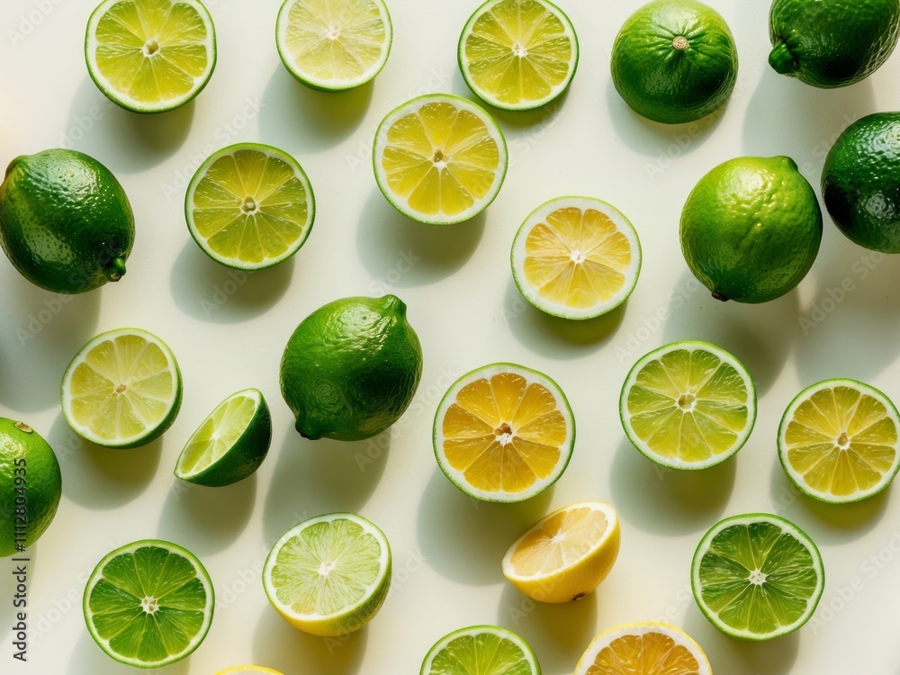 Fresh limes and lemons cut and whole arranged on a light background highlighting citrus fruits. Fresh limes and lemons cut and whole arranged on a light background highlighting citrus fruits.