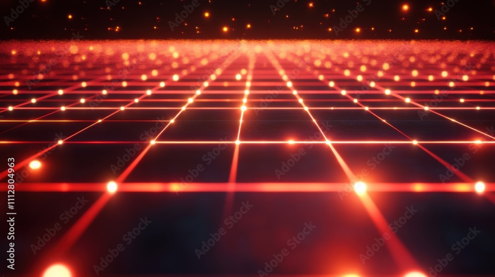 Fototapeta premium Digital Grid with Glowing Red Lights in a Futuristic Setting