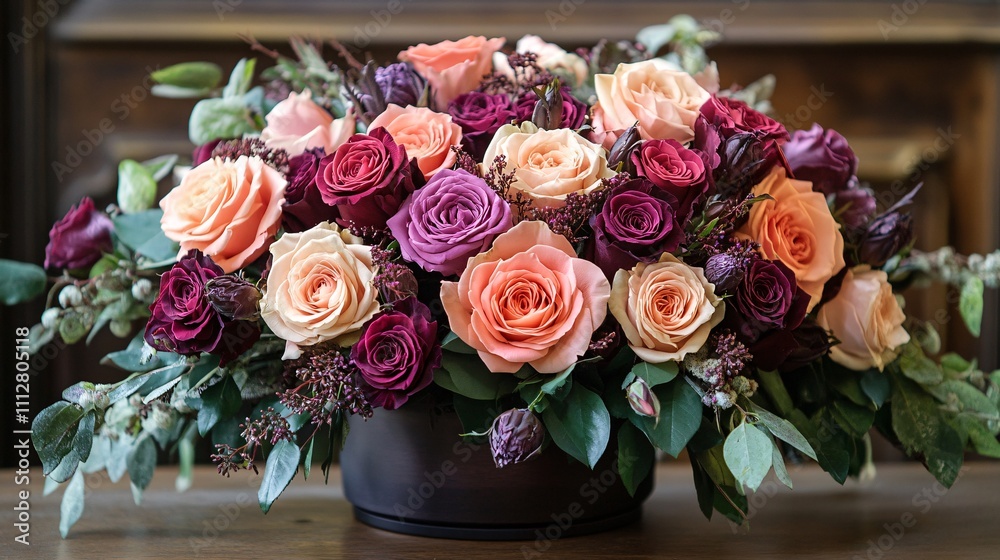 Obraz premium A vibrant arrangement of mixed roses in shades of pink, peach, and purple, beautifully displayed in a dark vase, set against a rustic wooden background.
