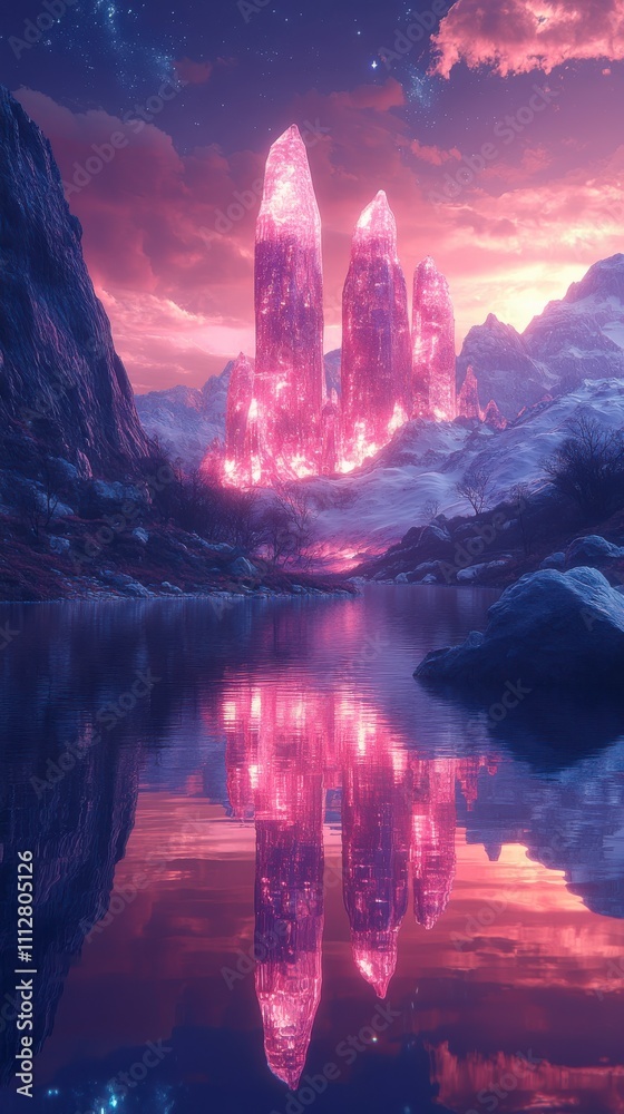 Pink Crystal City Reflecting on a Frozen Lake - A Majestic Mountain Valley Pink Crystal City Reflecting on a Frozen Lake - A Majestic Mountain Valley