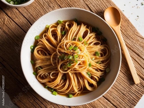 Steaming Bowl of Premium Noodles Elegantly Arranged for an Inviting Presentation on a Rustic Table. photo