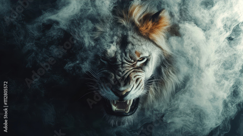 Surreal Depiction of an Enraged Lion Emerging From Swirling Mist in a Dark Atmosphere photo