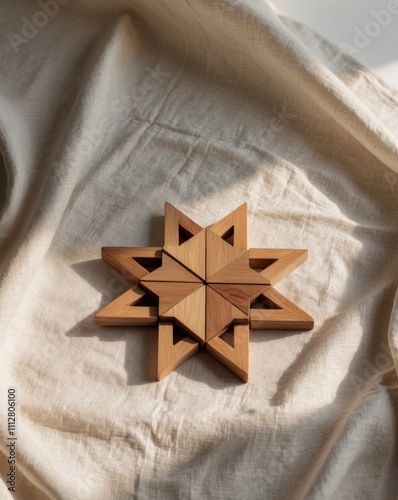 Wooden Geometric Puzzle on Textured Fabric Surface. photo