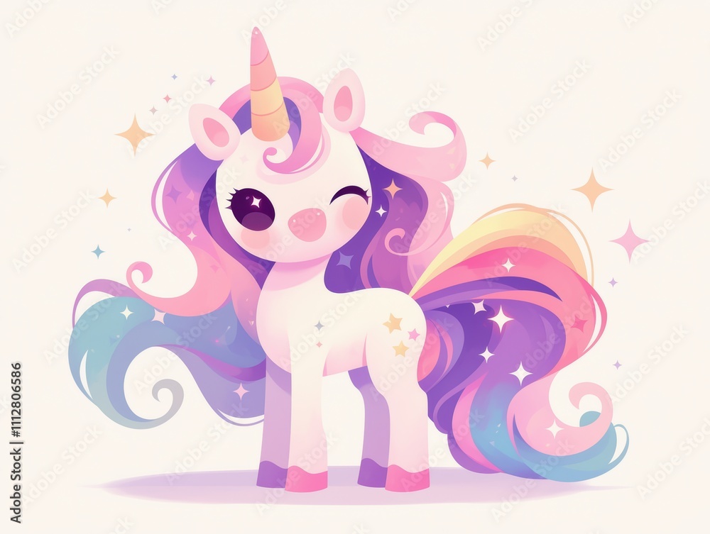 Naklejka premium A cute, colorful unicorn with a playful expression and sparkling details.