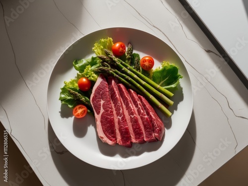 Juicy premium raw steak presentation with fresh vegetables on a plate culinary imagination contemporary kitchen overhead view. photo