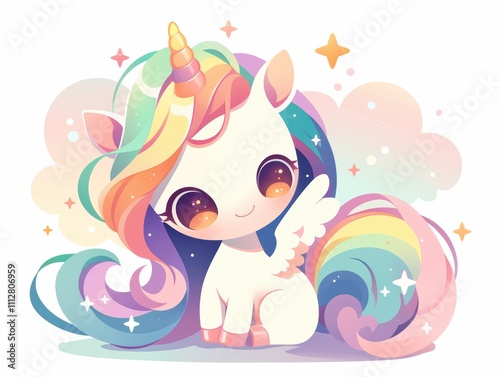 A cute, colorful unicorn with a rainbow mane and sparkly background.