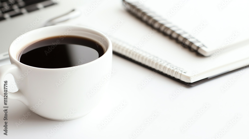 A steaming cup of coffee beside a notebook and laptop on a clean workspace. A steaming cup of coffee beside a notebook and laptop on a clean workspace.