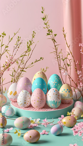 Spring easter celebration concept, product display podium mock up background with Pastel Easter Egg Field, spring easter flowers, ad, podium platform, product presentation space photo