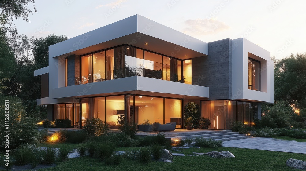Modern Architectural Design Featuring Large Windows and Greenery Modern Architectural Design Featuring Large Windows and Greenery