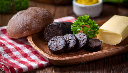Fototapeta Naklejka Na Ścianę i Meble -  röggelchen, mit, blutwurst, und, senf, roggen, flönz, brötchen, essen, köln, kölsche, kaviar, neu, blut, wurst, butter, stück, rot, weiß, kariert, close up, tuch, traditionell, holz, hölzern, kölner, 