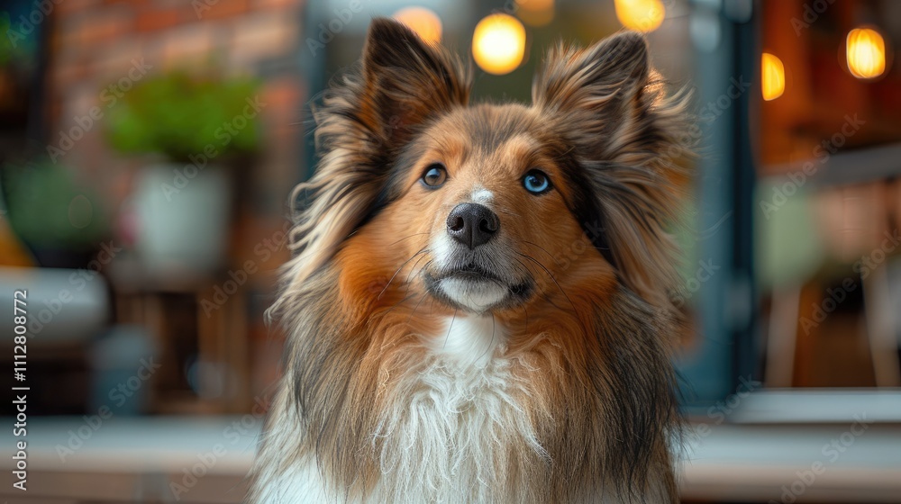 Naklejka premium A fluffy dog with heterochromia iridum sits outdoors, looking attentively at something.