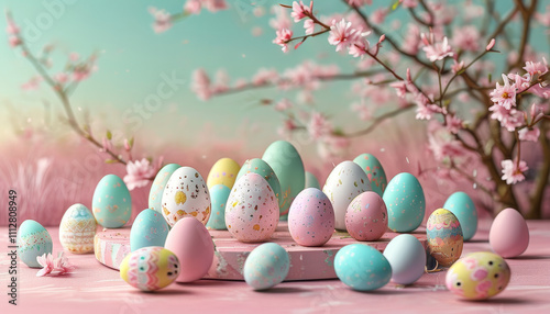 Spring easter celebration concept, product display podium mock up background with Pastel Easter Egg Field, spring easter flowers, ad, podium platform, product presentation space photo