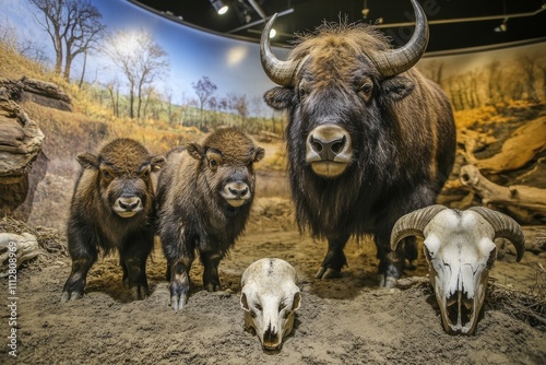 A Canadian museum features a taxidermied muskox family, showcasing a young calf and two adults. photo