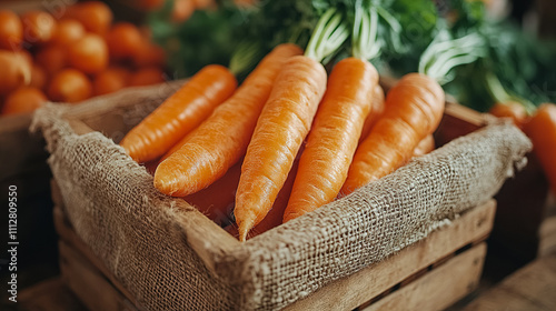 Freshly harvested carrots displayed in a rustic wooden basket at a farmer's market in autumn. Generative AI photo