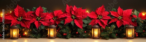Festive Arrangement of Poinsettias and Lanterns for Christmas Decor