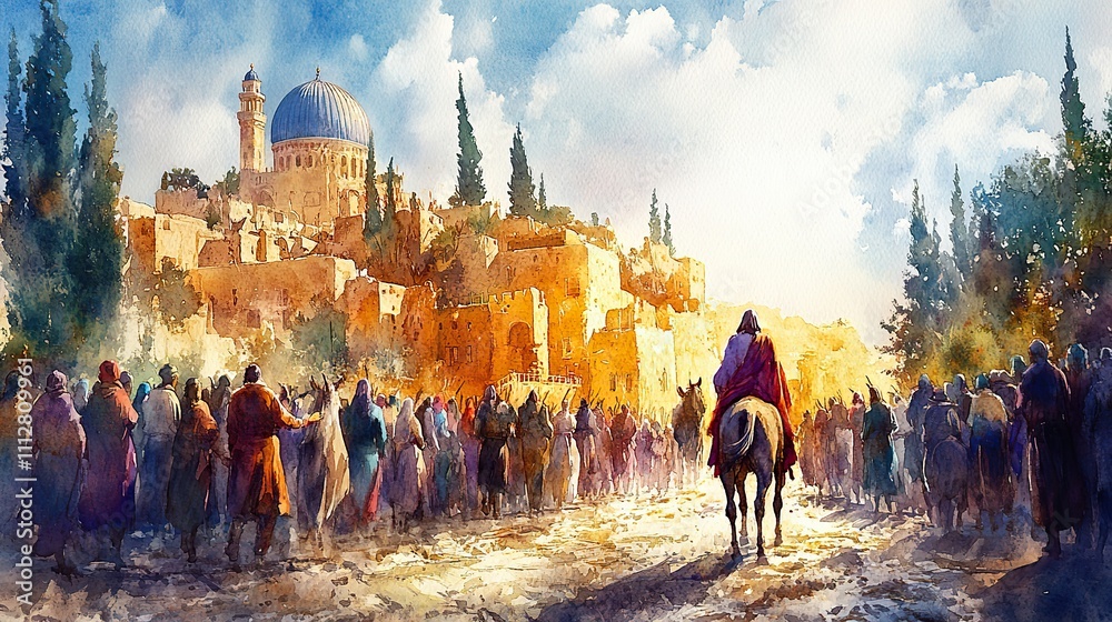 Naklejka premium jesus entering in jerusalem on a donkey welcomed by the crowd palm sunday watercolor biblical illustration