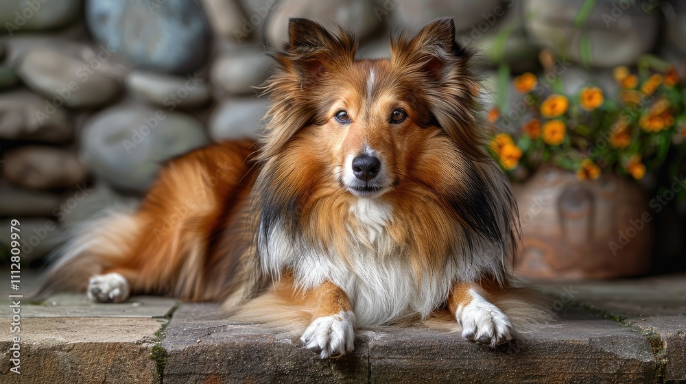 A sable Shetland Sheepdog lies on stone, gazing at the camera. Flowers are in the background. A sable Shetland Sheepdog lies on stone, gazing at the camera. Flowers are in the background.