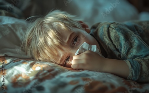 A close-up portrait of a little boy with blond hair lying on a bed, sneezing and holding a tissue to cover his nose. 