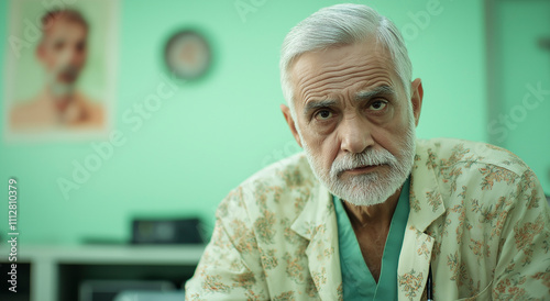 Homem idoso sério no consultório médico photo