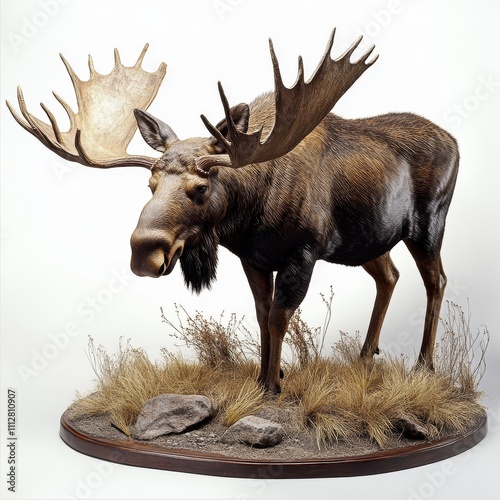 This realistic moose sculpture, presented on a naturalistic base with detailed antlers and fur, is ideal for wildlife enthusiasts, museums, and nature-themed decorations. photo