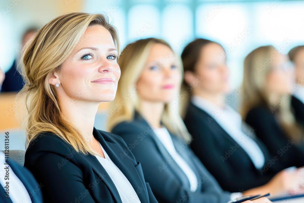 Confident businesswoman smiling during a professional meeting with colleagues in formal attire, showcasing leadership and teamwork dynamics. Confident businesswoman smiling during a professional meeting with colleagues in formal attire, showcasing leadership and teamwork dynamics.
