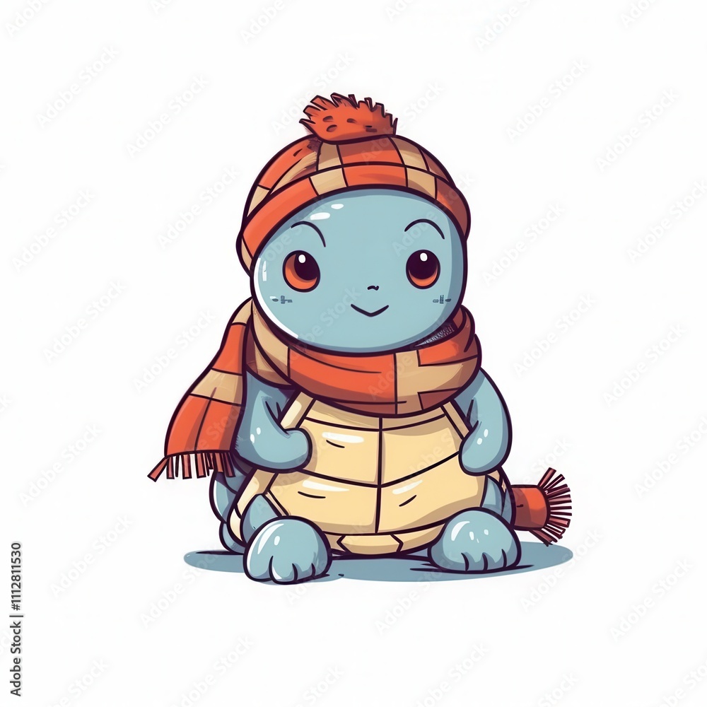 Obraz premium A cute cartoon turtle with big eyes, wearing an orange and plaid winter hat and scarf.
