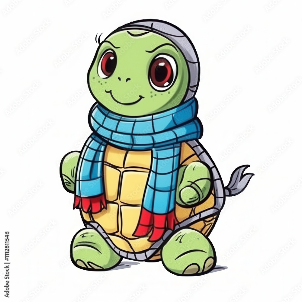 Fototapeta premium A cute cartoon turtle wearing a cozy knitted scarf, portrayed in vibrant colors, exuding a cheerful and playful vibe.