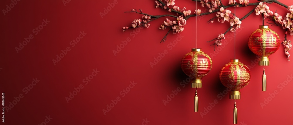 Chinese New Year Three red lanterns hanging from a red background Chinese New Year Three red lanterns hanging from a red background